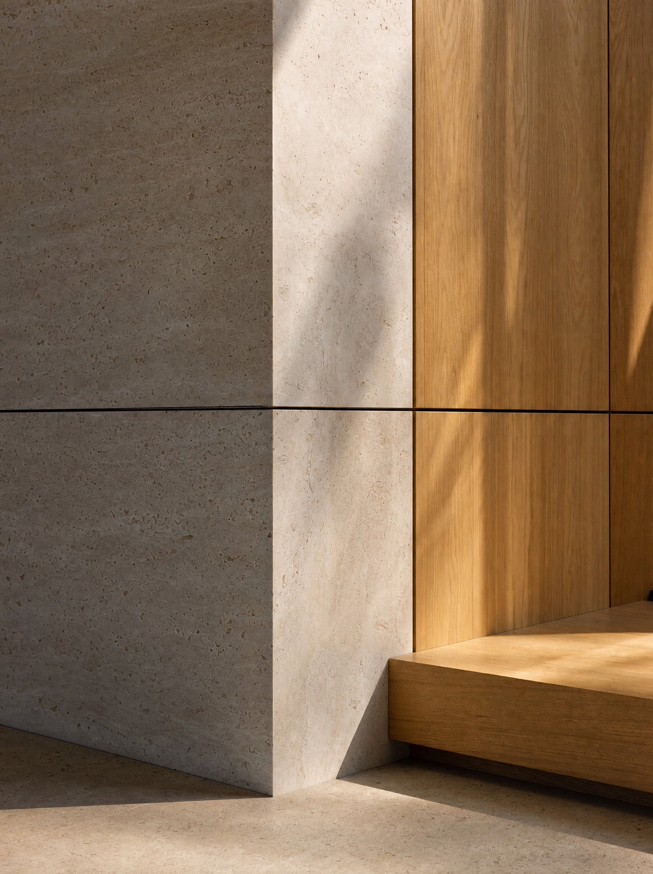 Travertine and white-oak reveal detail in warm light
