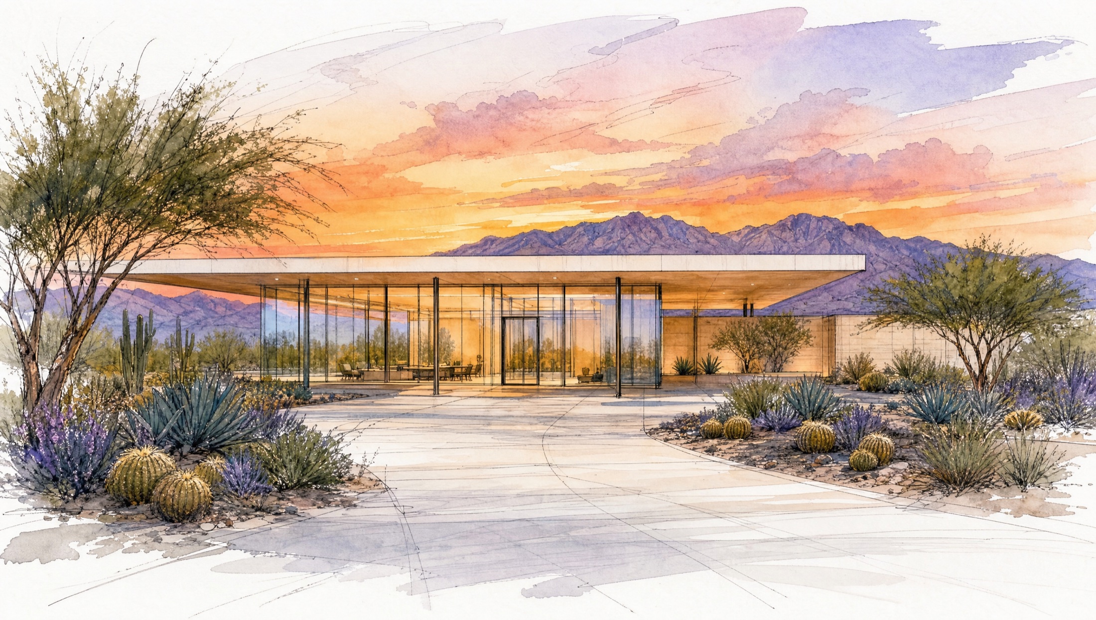Glass pavilion at sunset, watercolor