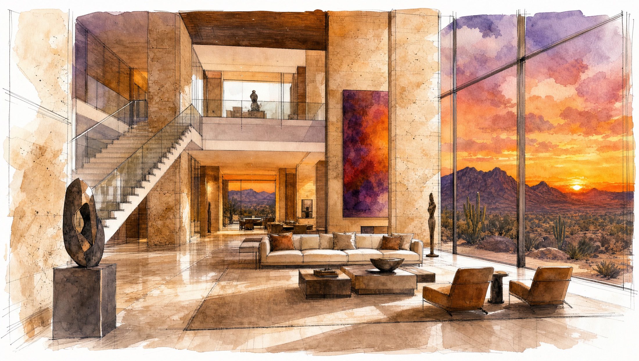 Watercolor of a double-height Avenir great room opening to a desert sunset