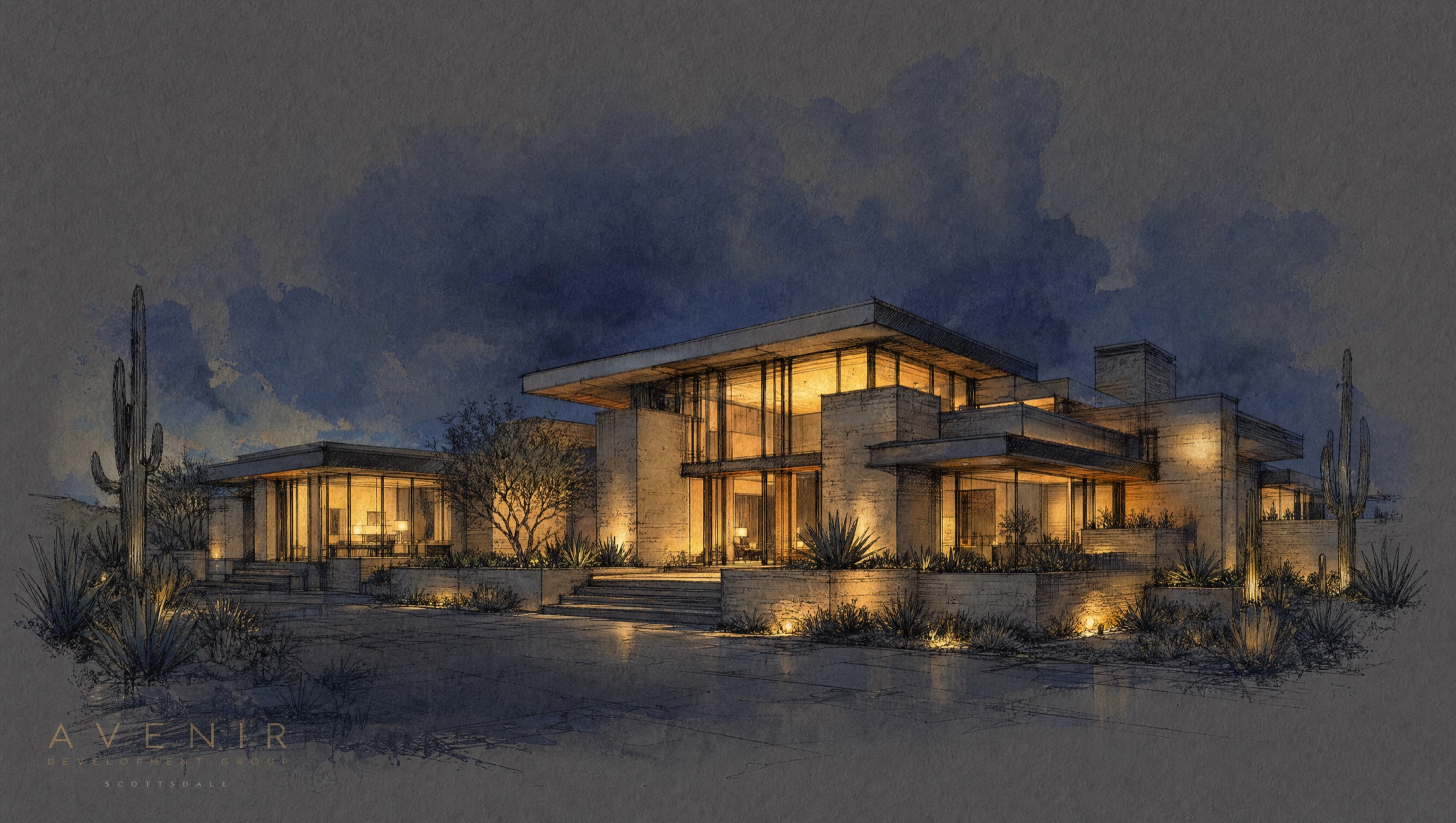 Night rendering of an Avenir home glowing gold against a watercolor dusk sky