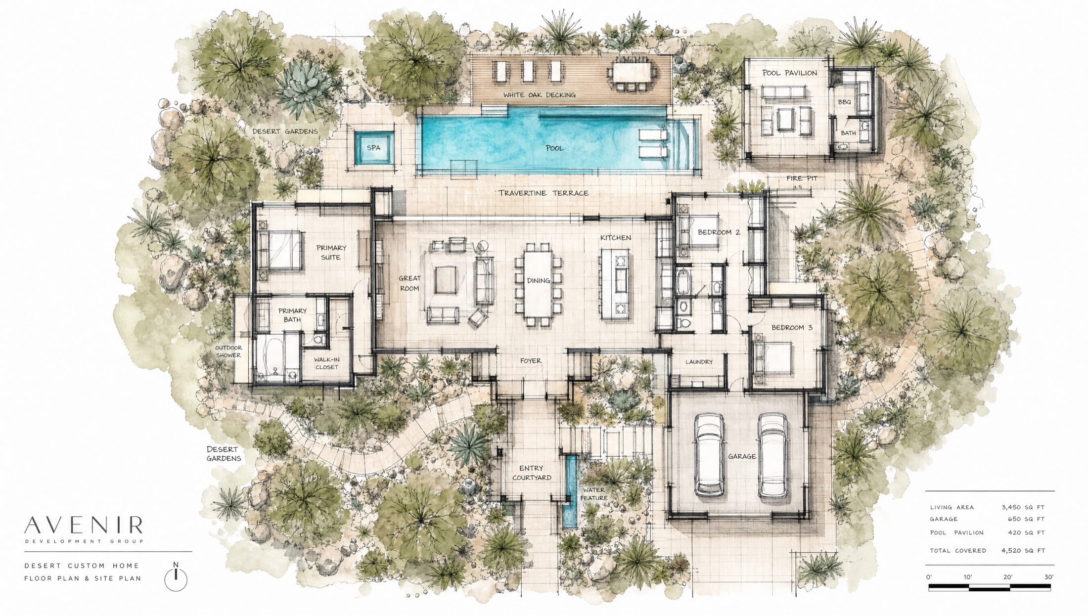 Hand-painted watercolor site and floor plan of an Avenir custom home
